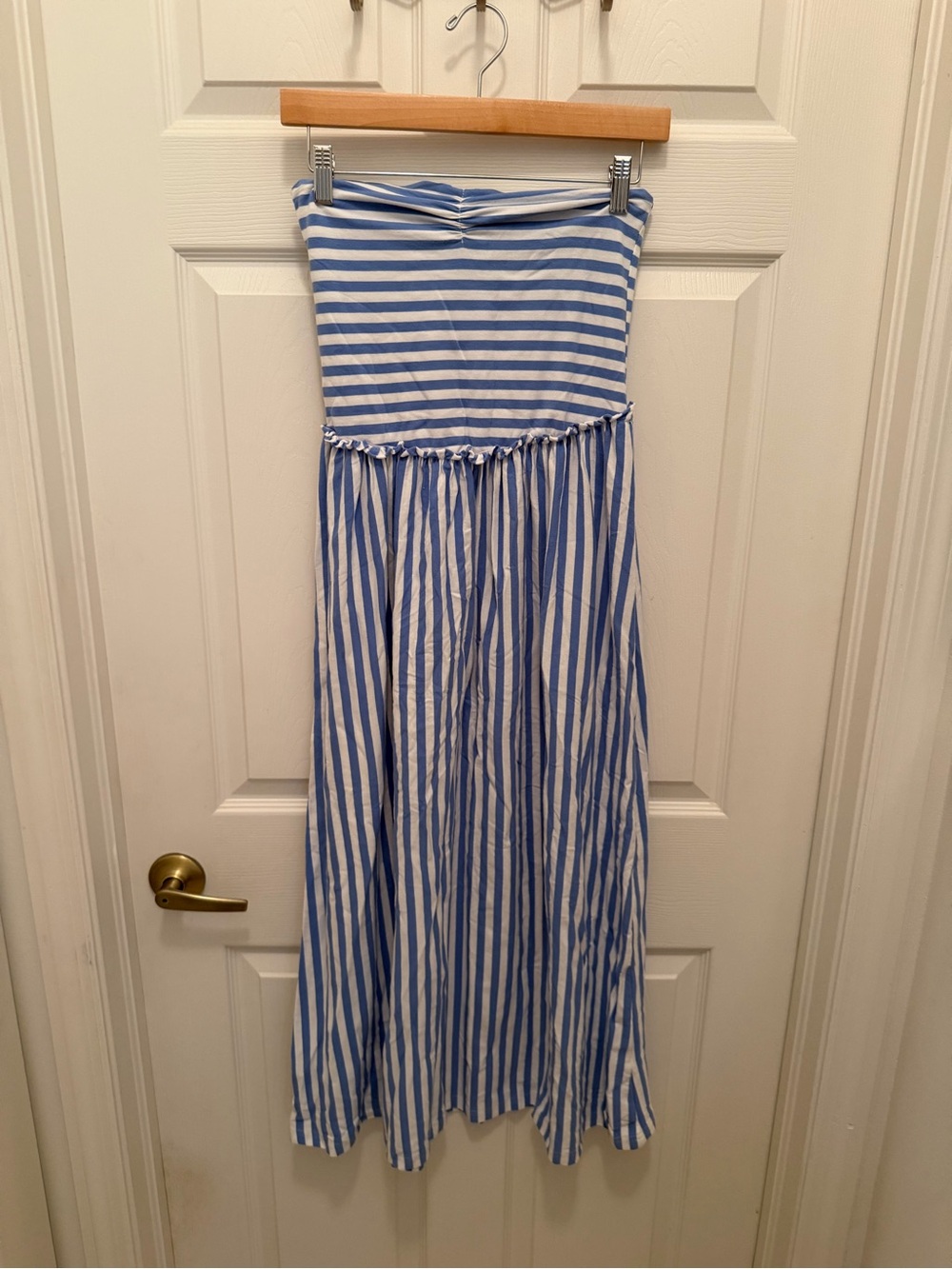 Striped Blue and White Strapless Maxi Dress